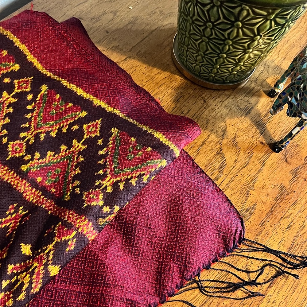 Authentic Handwoven Thai Mudmee Ikat Silk Shawl | Black Fringe | 93” x 23.5”